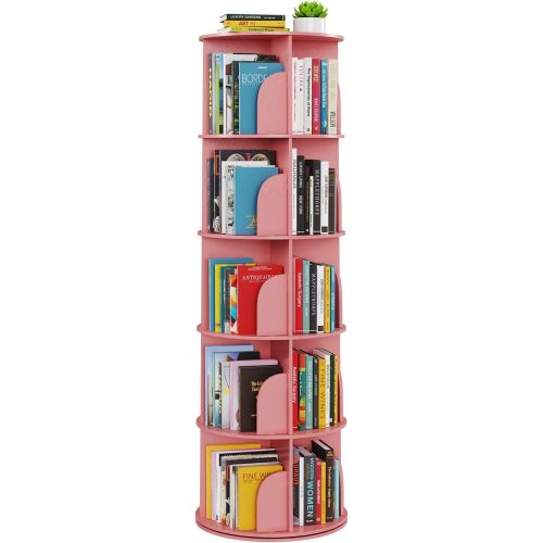 SpaceAid 5 Tier Rotating Bookshelf Tower, Spinning Bookcase Lazy Susan, Revolving 360 Book Shelf Storage Round Carousel, Vertical Rotate Turning Spiral Corner Organizer, Pink