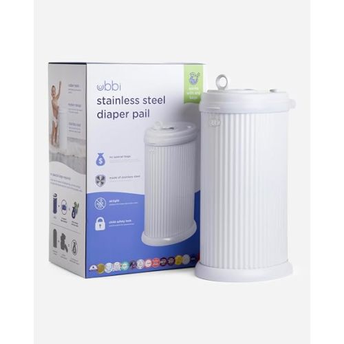 Ubbi Stainless Steel Diaper Pail, No Special Bags, Odor-Locking, Fluted
