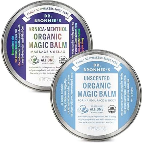 Dr. Bronner's - Organic Magic Balm (2 oz Variety Pack) Arnica-Menthol & Baby Unscented - Made with Organic Beeswax & Hemp Oil, Moisturizes and Soothes Hands, Face & Body | 2 Count