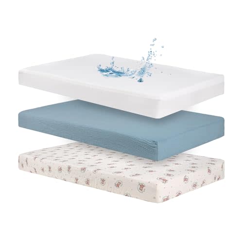 Baby Crib Sheets Cotton Muslin: 2 Crib Sheets Neutral and 1 Waterproof Baby Mattress Protector Cover for Boys Girl Fitted Toddler Bed Mattress 54 x 28 Inch (Bear, Blue, White, Crib)