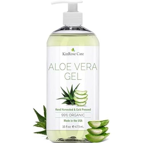 16oz Organic Aloe Vera Gel for Face, Skin, Hair & Sunburn Relief - From 100 Percent Pure Aloe Vera - Cold Pressed, Vegan, Unscented - Made in USA.