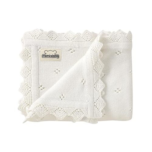 mimixiong Cotton Baby Blanket Knitted Crochet Receiving Crib Nursery Swaddling Blankets for Newborn Baby Boy Girl Off White 30x40 Inch
