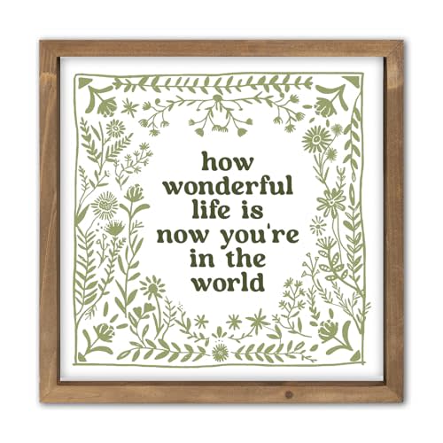 pechpell 11.8 Inch Nursery Wall Decor, Green Wooden How Wonderful Life Is Now You're In The World Sign, Boho Vintage Baby Girl Woodland Nursery Art Kids Room Playroom Table Shelf Decorations for Home