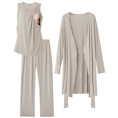 Rnxrbb Nursing Pajamas Gown Set for Women Breastfeeding Postpartum Pajama Maternity Pj for Hospital 3 PCS