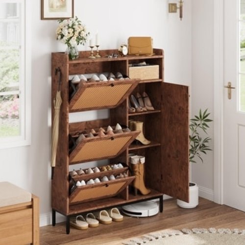 Rattan Shoe Cabinet, 3 Flip Drawers 4-Tier Large Storage