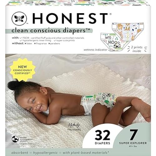 The Honest Company Clean Conscious Diapers for Sensitive Skin | Hypoallergenic, Fragrance Free | Gender Neutral Prints | Club Box, Size 7 (41+ lbs), 32 Count