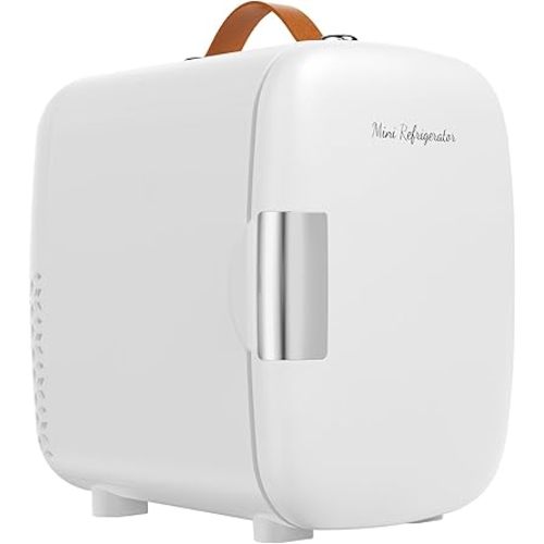 Sweetcrispy Mini Fridge for Bedroom, Office & Car, Portable 4L/4.23QT Mini Refrigerator for Skincare with Handle, Ultra-Quiet Energy-Saving Compact Cooler for Drinks, Food, Skincare & Makeup, AC/DC