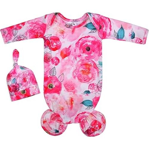 Baby Knotted Gown Newborn, Super Soft Breathable Baby Sleeper Gowns, Babies Girls Nightgowns Coming Home Outfit Infant with Hat Set