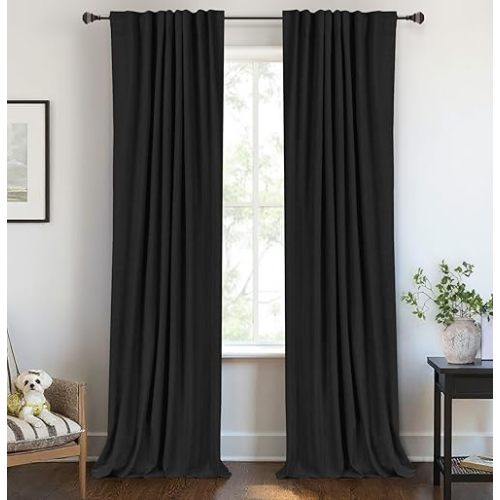 100% Blackout Shield Linen Blackout Curtains for Bedroom 96 Inches Long, Back Tab/Rod Pocket Living Room Drapes, Thermal Insulated Blackout Curtains 2 Panels Set, 50" W x 96" L, Black