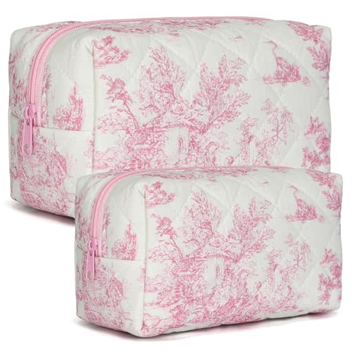 Aintmax 2 PCS Quilted Makeup Bag,Cute Cotton Cosmetic Bag,Large Travel Toiletry Bag Makeup Brushes Storage Organizer for Women Girls-Classical Pink