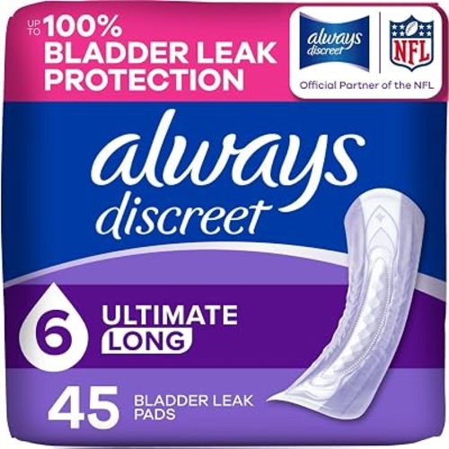 Always Discreet Adult Incontinence Pads for Women, Drier, 6 Drop Long Length, Extra Heavy Absorbency, Pads for Bladder Control Management, Bladder Leaks, & Postpartum Pads, 45ct