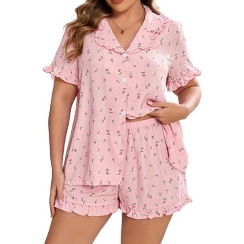 Floerns Women's Plus Size 2 Piece Floral Pajamas Set Casual Ruffle Collared Shirt with Shorts