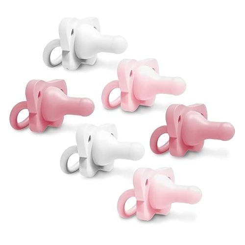Dr. Brown's HappyPaci 100% Silicone Baby Pacifier, Contoured One-Piece Design, Pink, White, Light Pink, 0-6m, BPA-Free, 6 Pack
