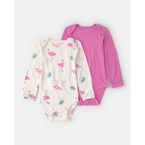 Baby Girl 2-Pack Flamingo PurelySoft Long-Sleeve Multipack Bodysuits - Pink/Ivory | Carter's
