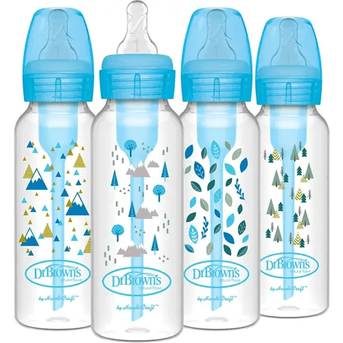 Dr. Brown's Natural Flow Anti-Colic Options+ Narrow Baby Bottle, Blue Nature, 8 oz/250 mL, with Level 1 Slow Flow Nipples, 0m+, 4 count (Pack of 1)