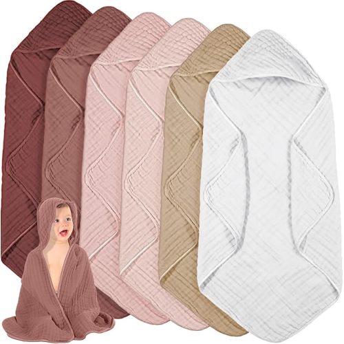 Peryiter 6 Pcs Muslin Hooded Baby Towels, 32"x 32" Cotton Newborn Bath Towel Muslin Infant Baby Blankets Absorbent Unisex Newborn Registry Gift Essentials for Girls Boys (Pink,Blush,Red)