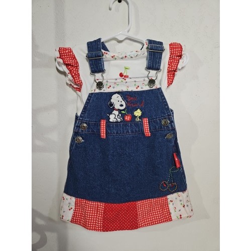 Vintage Baby Snoopy Denim Overall Dress With Shirt 12 Months Rare!