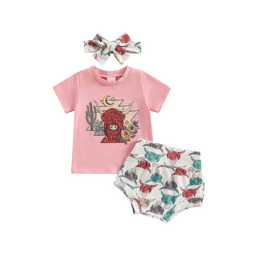 Mevireiy Western Baby Girls Outfits Short Sleeve T Shirt Tops Cow Boots Print Shorts,Pink,12-18 Months