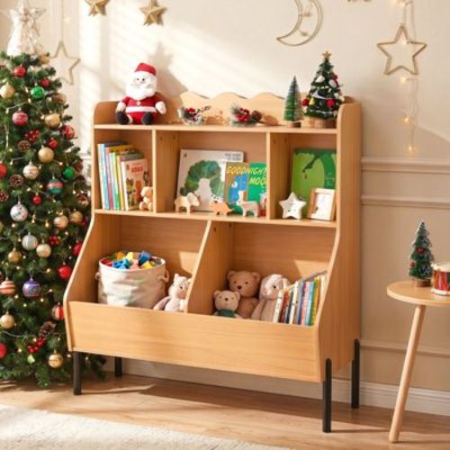 Costway Kids Toy Storage Organizer with 5 Storage Cubes, Toddler Storage Cabinet for Home Natural