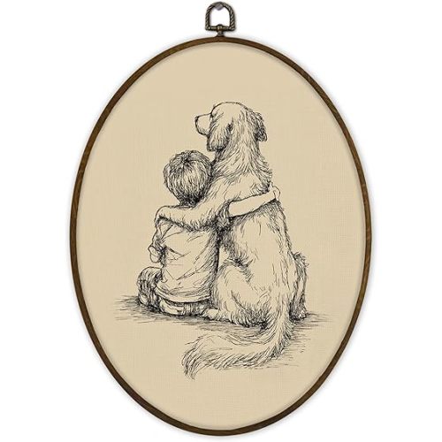 Gnmduw Vintage Nursery Oval Wall Art Framed, Boy Golden Retriever Nursery Canvas Prints Hanging Decor, Neutral Dog Boy Canvas Wall Decor for Boys Nursery toddlers room, 8.7x11.3 Inch
