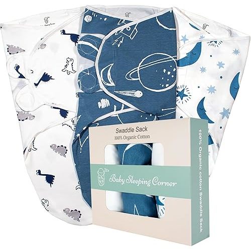 Baby Swaddle Blanket Set for Newborns - 100% Organic Cotton Soft and Breathable Swaddle Sack with Easy-to-Use Adjustable Wrap Design, Suitable for Baby Boys and Girls, Size Small (0-3 Months) (Blue)