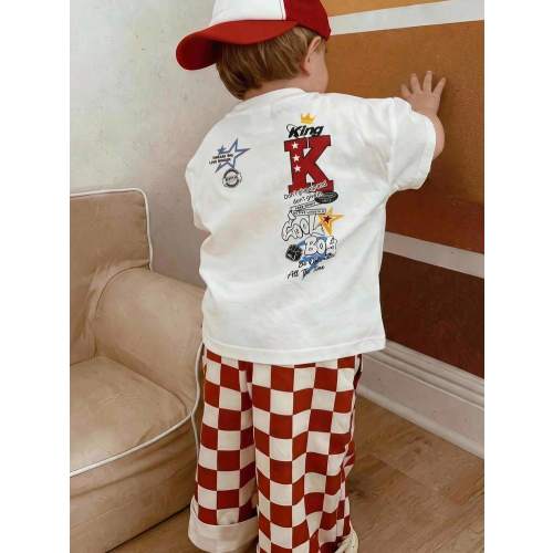 SHEIN 2pcs/Set Baby Boy Summer Street Style Cute Casual Knit Printed T-Shirt & Checkered Long Pants Set, Red Outfit, Streetwear Set, Infant Boy Outfit, Cute Outfit | SHEIN USA