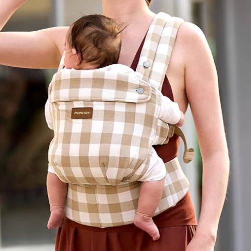 Momcozy Baby Carrier with Natural Cotton Linen, Built to Last, Ergonomic Design, Lightweight and Comfortable, Hands-Free for Moms&Dads, Brown Checkerboard