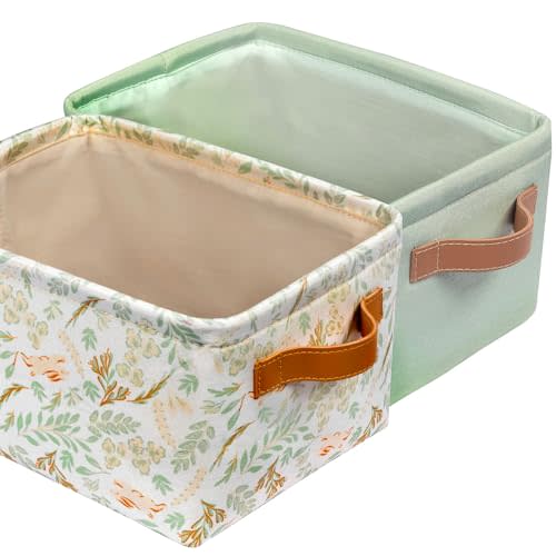 Fabric Storage Bins Cute for Nursery 8"x5.2"x10" - Collapsible Woodland & Green Kids Baskets with Handles 2 Pack, Hamper Fabric Bin, Toy Toddler Basket, Diaper Storage Bins, Baby Room Decor