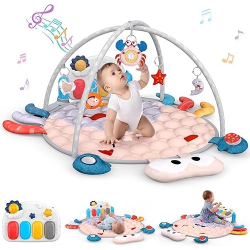UMIKU Baby Play Mat Tummy Time Mat for Newborn Infant Piano Music & Light Musical Activity Center Baby Boy Girl Gifts for Baby Toys 3 6 9 12 Months, Crab Theme