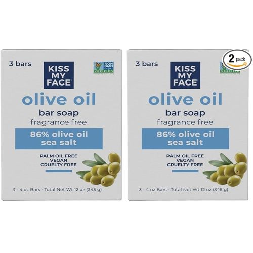 Kiss My Face Olive Oil Fragrance Free Bar Soap,Moisturizing Bar Soap,Cruelty Free Vegan-Soap,Palm Oil-Free,4 Oz -,(Pack of 6)