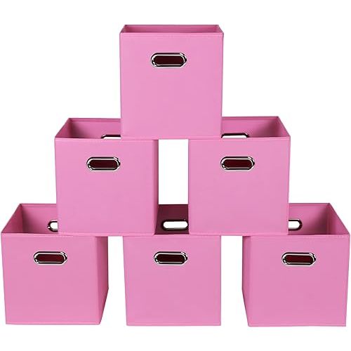 Fabric storage bins Cubes, Fabric Cube Organizer with Handle, Foldable Cube Bins for Cloth or Accessary Storage, 11x11x11, Set of 6, (Pink)