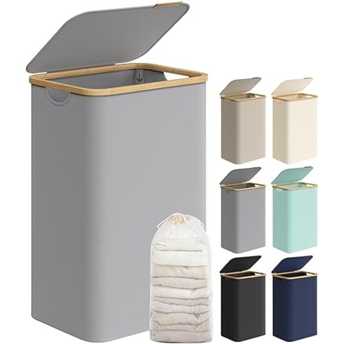 SONGMICS Laundry Hamper with Lid, Large Laundry Basket, 23.8 Gallons (90L), Removable Mesh Liner, Bamboo Handles, Collapsible, 16.5 x 12.6 x 27.8 Inches, Dove Gray ULCB509G01