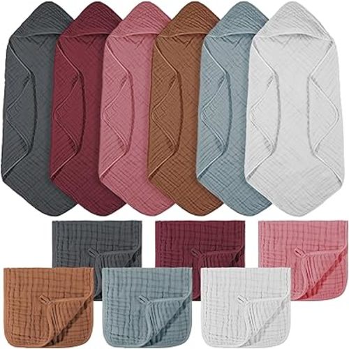 VitalCozy 12 Pcs Baby Muslin Hooded Bath Towels and Washcloths Muslin Cotton Hooded Baby Towels Absorbent Blankets for Gift Newborn Infant Shower (35 x 35 Inch,Multicolor)