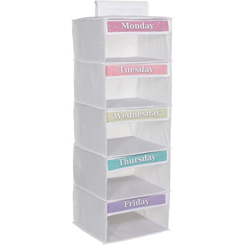 Weekly Clothes Organizer for Kids – 5 Shelf Hanging Closet Storage for School Outfits | Monday to Friday Daily Clothing Divider with Color Labels, 33" Durable Polyester