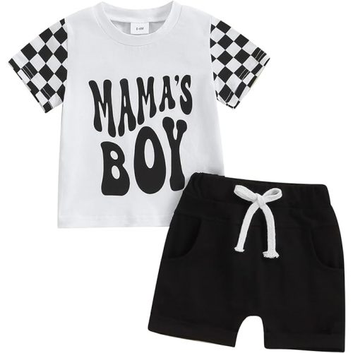 FOCUSNORM Toddler Boys Summer Outfits Mamas Boy Checkerboard Short Sleeve T-Shirts Tops and Elastic Waist Shorts Clothes Sets