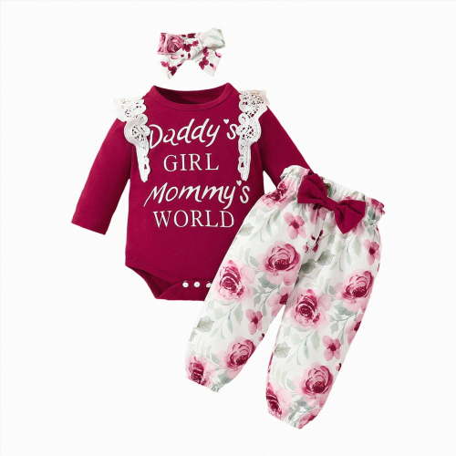 NOLDARES Newborn Baby Girl Outfit Long Sleeve Romper + Pants + Headband Infant Fall 3Pc Cute Clothes Sets(Wine,0-3 M)