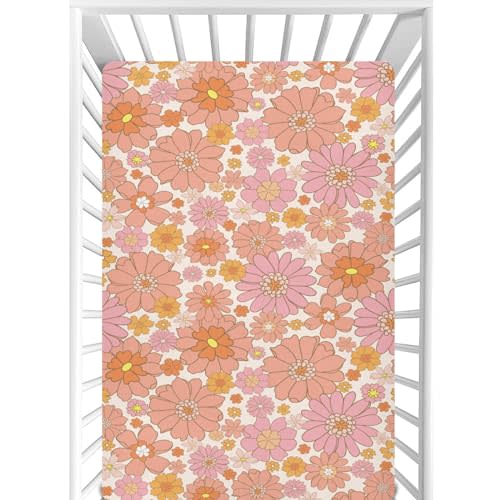 CaTaKu Mini Crib Sheets Fitted for Girls Boys Retro Orange Flower Baby Crib Sheets, Neutral Mattress Sheets Nursery Toddler Bed Sheets 28"x 52"