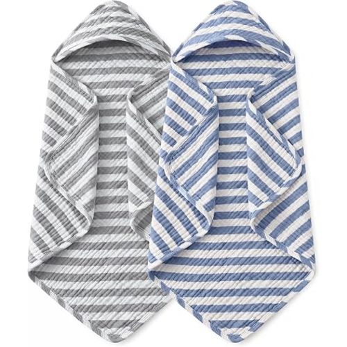 Yoofoss Hooded Baby Towels for Newborn 2 Pack 100% Muslin Organic Cotton Baby Bath Towel with Hood for Babies, Infant, Toddler and Kids, 32x32Inch, Soft and Absorbent, Blue Grey Striped