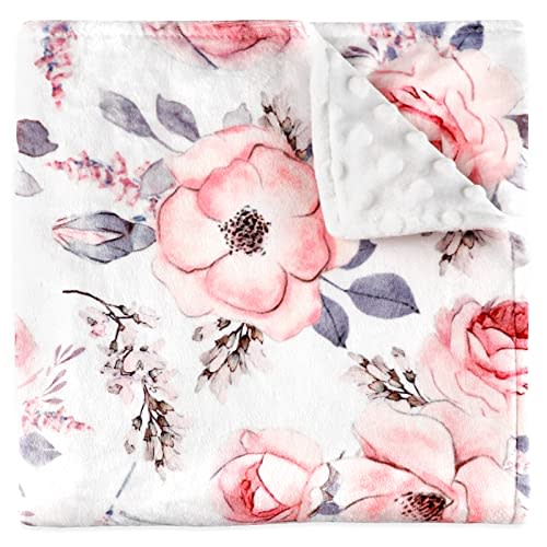 Baby Blanket for Girls, Super Soft Double Layer Mink Blankets with Dotted Backing, Floral Newborn Nursery Bed Blanket, Pink Flower, 30 X 40 Inches