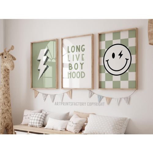 Long Live Boyhood, modern boy prints, sage green,Checkered Smile Gallery Wall, Toddler Poster, Boy Nursery Decor, Quote Play Wall Art,