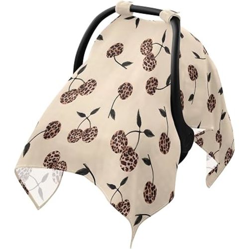 Leopard Cherry Infant Car Seat Cover Baby Stroller Carseat Covers Canopy Girls Boys Muslin Breathable Soft Lightweight Sun Shade Universal Fit
