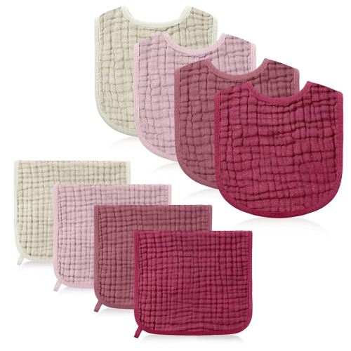 Tallew 8 Pack Baby Bibs and Muslin Burps for Baby Boy Girl Drooling and Teething 20" x 10" Burp Cloths Absorbent Rag Soft Cotton Bibs for Newborn Toddler Infant 0-24 Month Essentials(Dark Pink)
