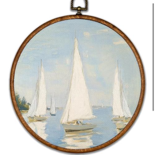 BCUANGD Vintage Sailboat Round Wall Art Decor - Retro Coastal Landscape Wall Art Canvas Frame Artwork Prints, Rustic Nautical Blue Seascape Round Wall Hanging Decorations for Home, 10"x10"