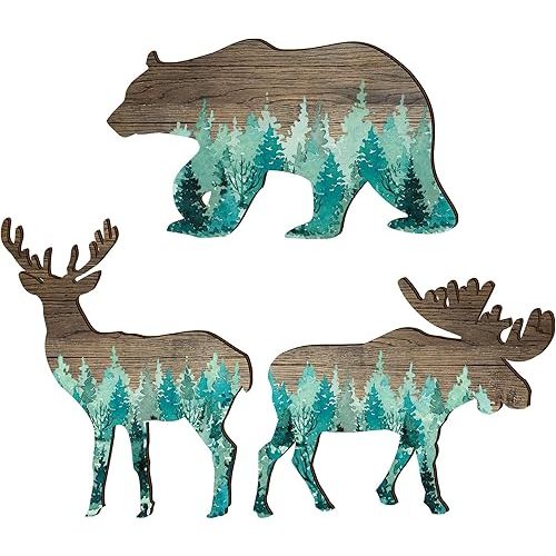 Newcotte Woodland Nursery Decor Bear Elk Wood Animal Cabin Wall Decor Trio Wildlife Hanging with Deer and Moose Rustic Woodland Animal Christmas Decorative Signs Set of 3