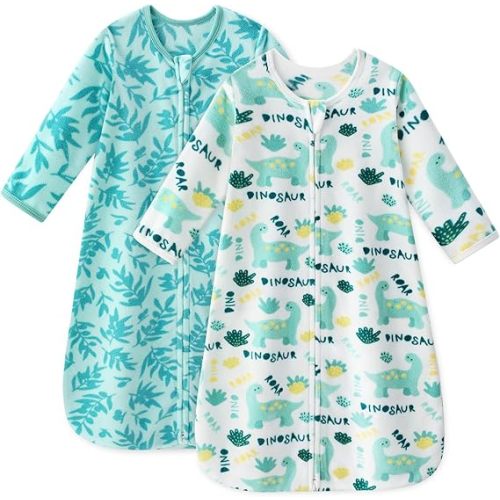 Fleece Baby Sleep Sack 0-6 Months Long Sleeve 1.0 Tog Baby Wearable Blanket Microfleece Sleeping Sack with 2-Way Zipper for Newborn Infant Green & White Dinosaur