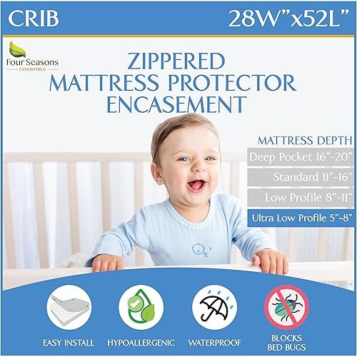 Crib Mattress Protector Waterproof - Zippered Encasement Cover for Baby, Toddler (Crib Size - 28x52x6) White
