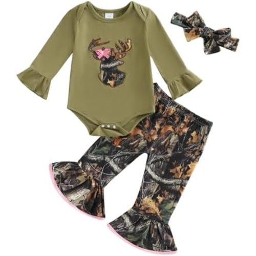 Newborn Baby Girl Hunting Clothes Deer Long Sleeve Romper Jungle Camo Flare Pants Set 3 Piece Fall Winter Outfit