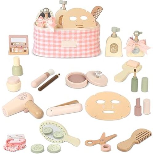 Wooden Makeup Toy Set, Pretend Play Makeup Set for Kids Toddlers, Play Beauty Makeup Kit for Girls 3 4 5 6 7 Year Old