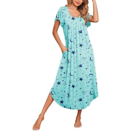 Ekouaer Long Nightgowns for Women with Pockets Short Sleeves Moo Moos for Women Casual Maxi Dress House Dresses S-XXXL