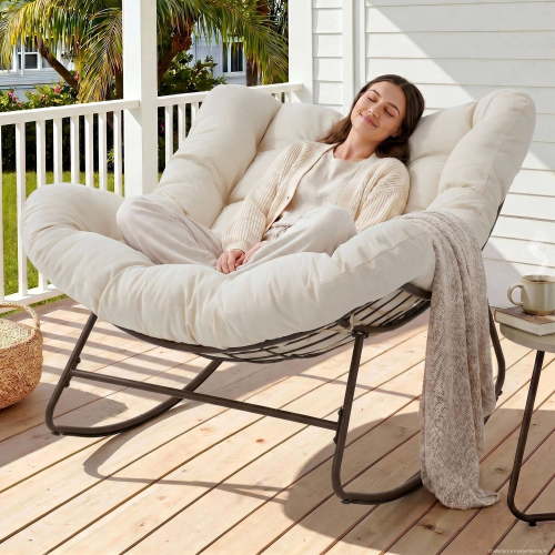 Dovov Oversized Papasan Rocking Chair, Indoor Outdoor Rocking Chair Patio Egg Chair with Cushion, Heavy Duty Steel Papasan Rocker Lounge Chair for Porch Balcony Nursery Living Room, Cream White